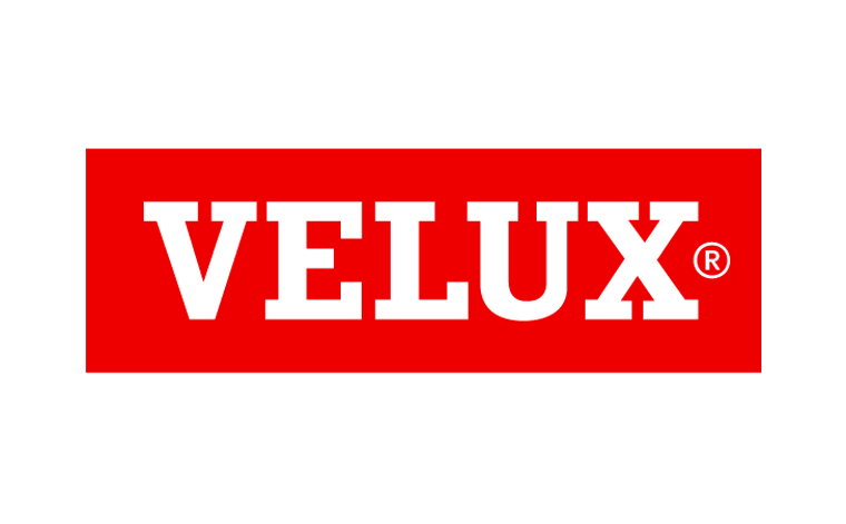 Logoet fra Velux Vinduer hvor navnet Velux står med store bogstaver på en rød firkantet baggrund